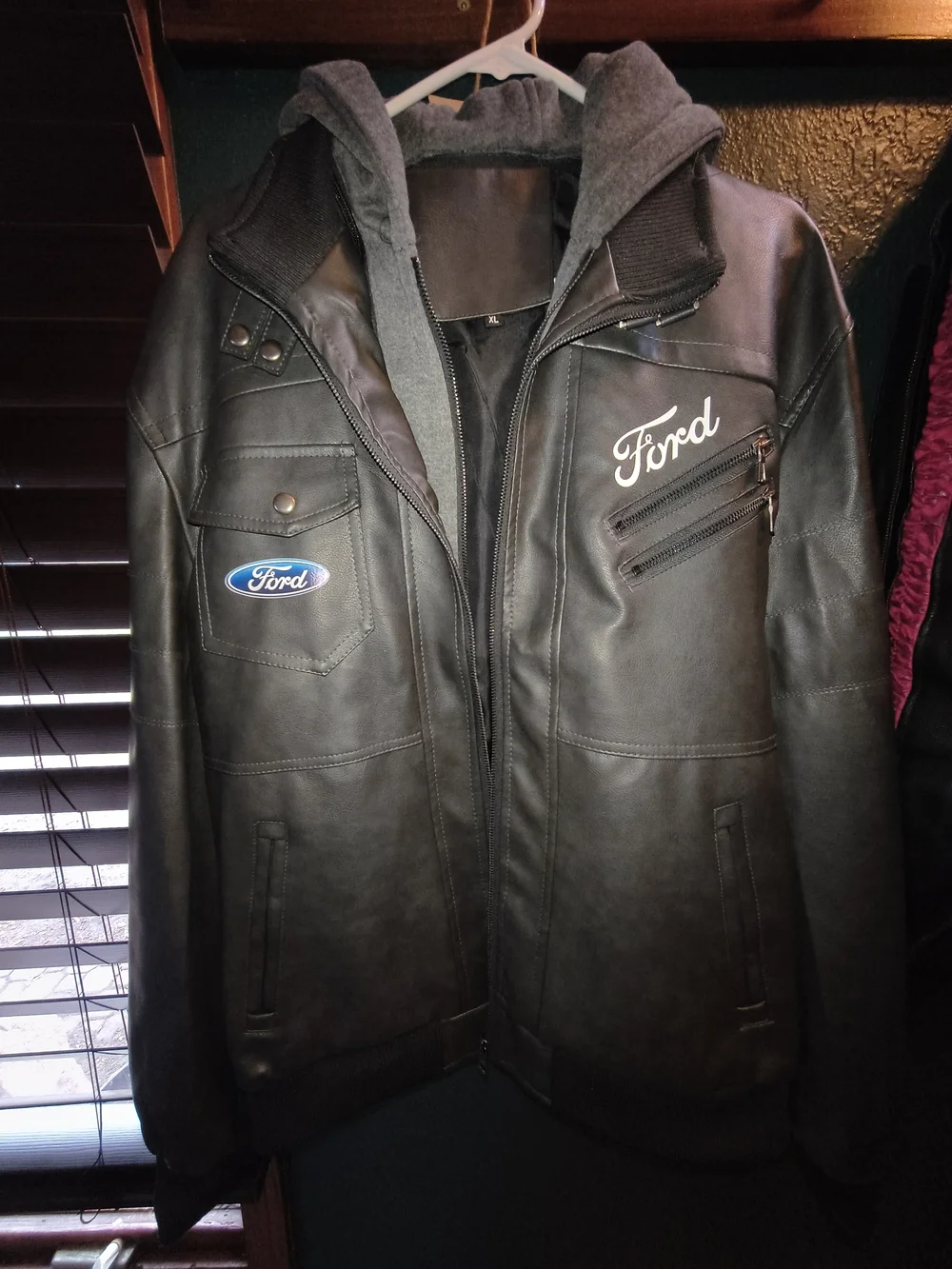 Ford Men's Black Hooded Faux Leather Jacket - Picture 1 of 8